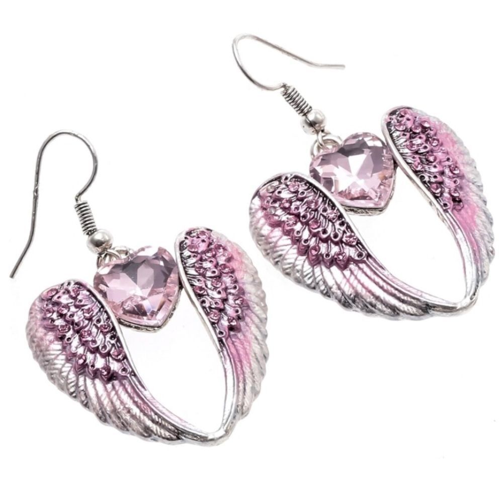 Silver with Pink Sapphire Crystal Angel Wing with Heart Dangling Hook Earrings